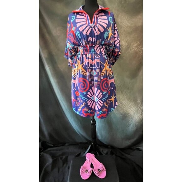 New Emily McCarthy Palmer Dress M Blue Red Print Boho Collared Short Sleeve - Picture 7 of 9